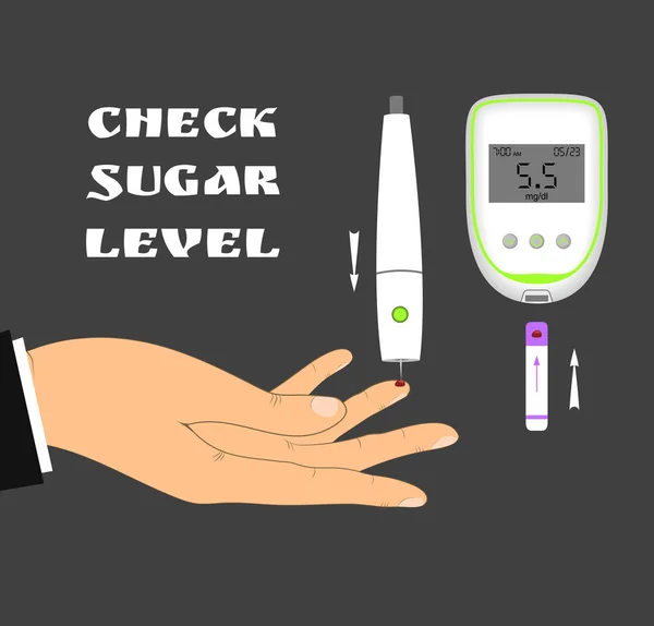 Monitorización del nivel de azúcar en sangre con glucómetro. Compruebe su nivel de glucosa en sangre. Examen de diabetes — Vector de stock