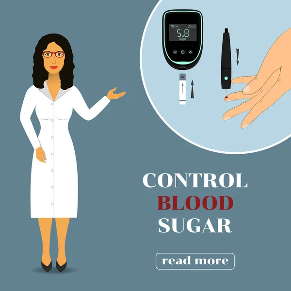 Устройство для измерения уровня сахара в крови. врач в лабораторном халате показывает, как измерить уровень глюкозы в крови . Стоковый вектор