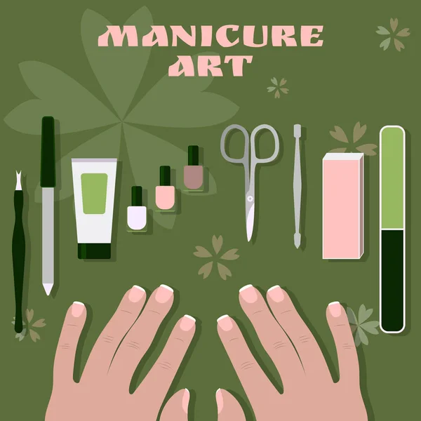 Weibliche Handflächen und eine Reihe von Werkzeugen und Zubehör für Maniküre und Nagellack lizenzfreie Stockillustrationen