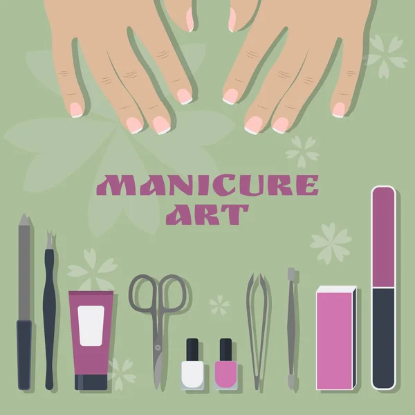 Juego de herramientas y accesorios para manicura y dos palmas femeninas — Vector de stock