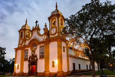 Facade of an old church built in the 18th century in baroque style in the famous city of Tiradentes, Minas Gerais at dusk