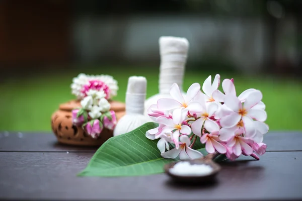 Wellness massage compress ballen, kruiden bal op de houten met treaments spa, Thailand, selecteer focus — Stockfoto