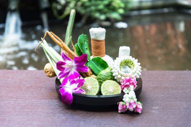Spa Masaj sıkıştırma topları, ahşap treaments spa, Tayland, ile bitkisel topu odağı seçin 