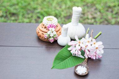 Spa Masaj sıkıştırma topları, ahşap treaments spa, Tayland, ile bitkisel topu odağı seçin 