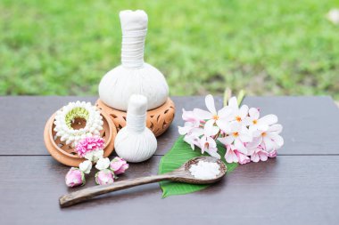 Spa Masaj sıkıştırma topları, ahşap treaments spa, Tayland, ile bitkisel topu odağı seçin 