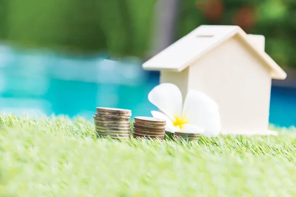 save money for future.Saving money for the future, saving money to buy a home in the future has a coin placed in front of the house with a blurry background. Business development concep