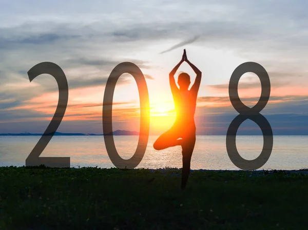 Yoga Happy new year card 2018. Silhouette woman practicing yoga standing as part of Number 2018 near the beach at sunset. Healthy & Holiday Concept