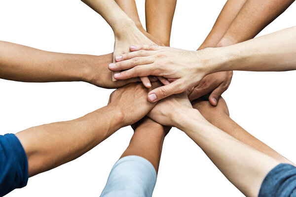 Image of group of overlapping hands against white backgroun