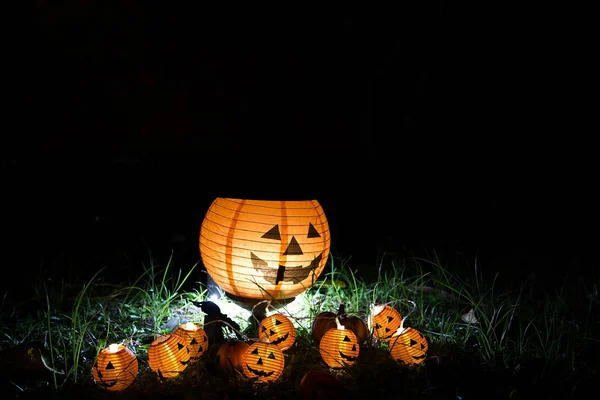 Halloween Pumpa Huvud Jack Lykta Trädgården Välj Fokus Symbol För — Stockfoto