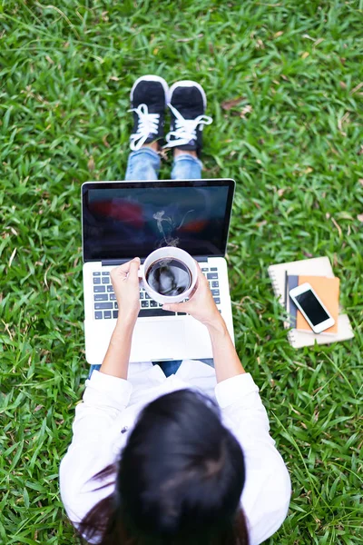 Kız müzik dinliyor ve bir kitap okuma zevk ve üstten görünüm, sabah (yeşil tonu parkta çim sahası üstünde laptop oynamak