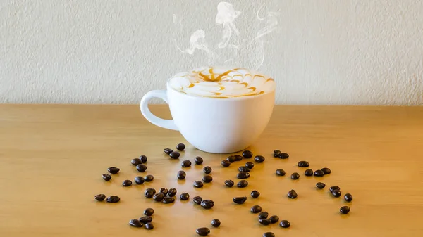 Coffee Cup Saucer Wooden Table Grey Background Beverage Tasty — Stock Photo, Image