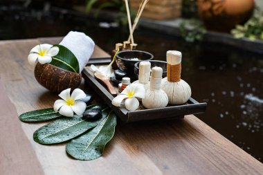 Spa Masaj sıkıştırma topları, bitkisel topu ve tedavi spa, Tayland, odağı seçin