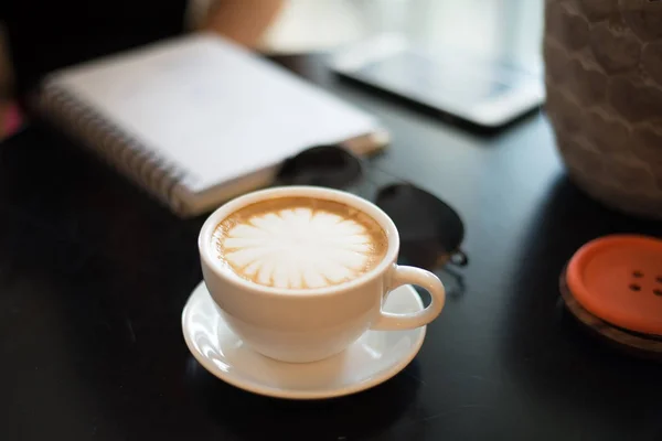 Kaffekopp Träbord Tillbaka Bakgrund — Stockfoto