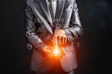 Doodle iş ikonları/simgeleri ile işadamı el. İletişim kavramı.