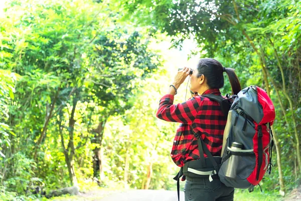Senderismo Mujer Viajero Mirar Prismáticos Bosque Bosque Fondo Tailandia Enfoque — Foto de Stock