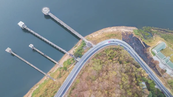 High angle view on waterfront bridge during low water time in ru — 스톡 사진