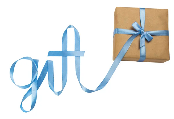Slovo napsané stuha modrá s dárky a box — Stock fotografie