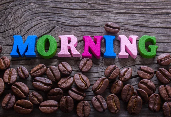 Ordet morgonen i trä och kaffe — Stockfoto