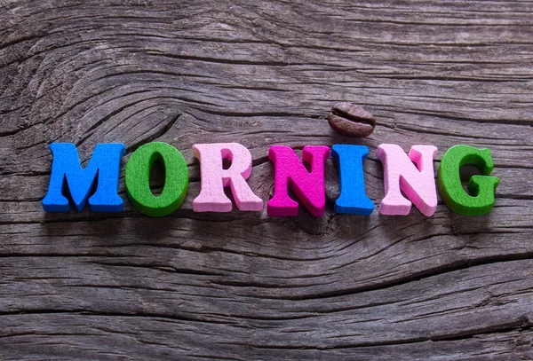 Το πρωί λέξη σε ξύλο και καφές — Φωτογραφία Αρχείου