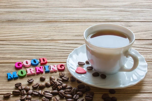 Bom dia palavras e uma xícara de café — Fotografia de Stock