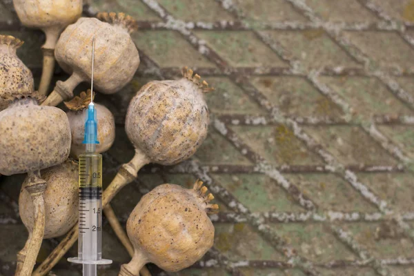 Uyuşturucu haşhaş şırınga içinde. Ölümcül uyuşturucu bağımlılığı