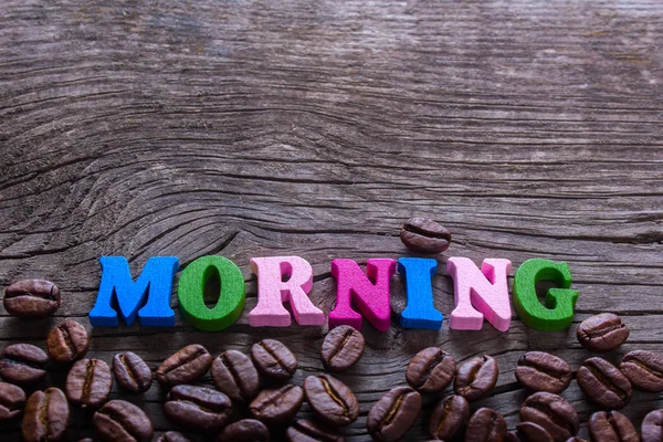 Le mot matin en bois et café — Photo