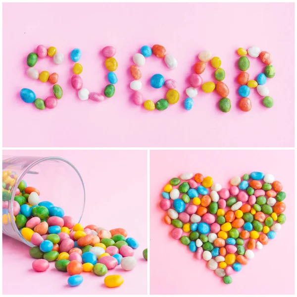 Conjunto de fotos de doces coloridos na forma do coração e — Fotografia de Stock