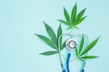 Tıbbi esrar ve stetoskop. Yeşil yaprakları esrar. EMP