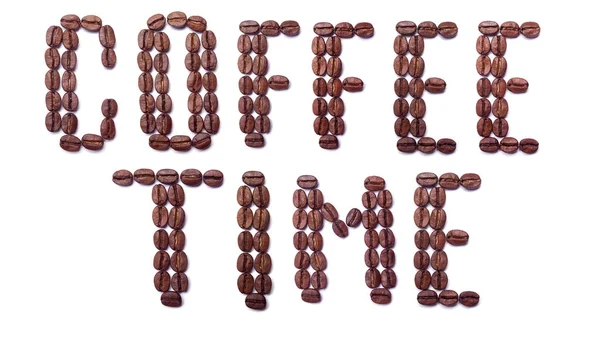 Kaffe tid. Ord av kaffebönor isolerad på vita bakgr — Stockfoto