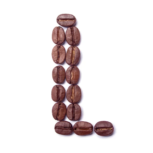 Bokstaven L av kaffebönor från alfabetet isolerad på vit backgro — Stockfoto