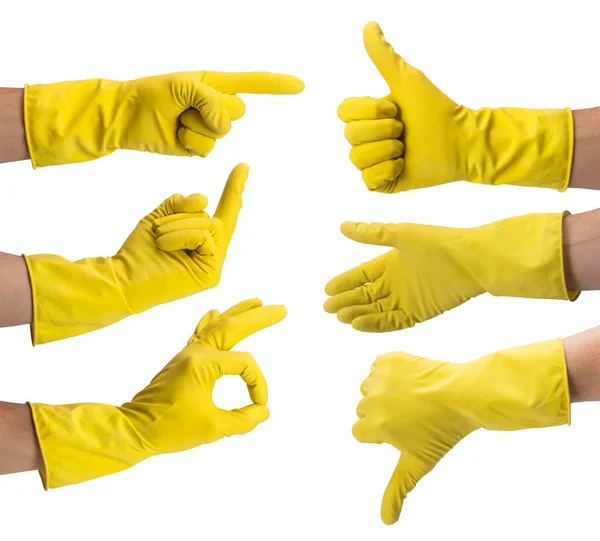 Ręka w żółty rękawica do czyszczenia. Zestaw gestów rąk. Isola — Zdjęcie stockowe