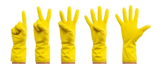 Ręka w żółty rękawica do czyszczenia. Zestaw gestów z th — Zdjęcie stockowe