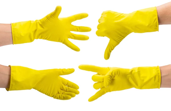 Ręka w żółty rękawica do czyszczenia. Zestaw gestów rąk. Isola — Zdjęcie stockowe
