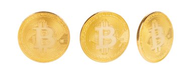 Sikke bitcoin altın rengi farklı açılardan dönme. Beyaz arka plan üzerinde izole.