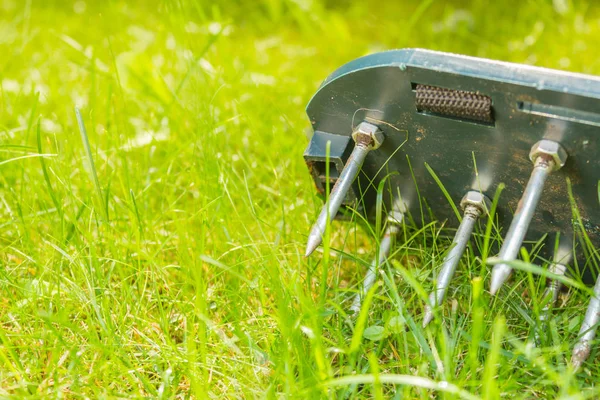 Schoenen met spikes aan de lucht te verzadigen met gazon bodem. Lege vriendelij — Stockfoto