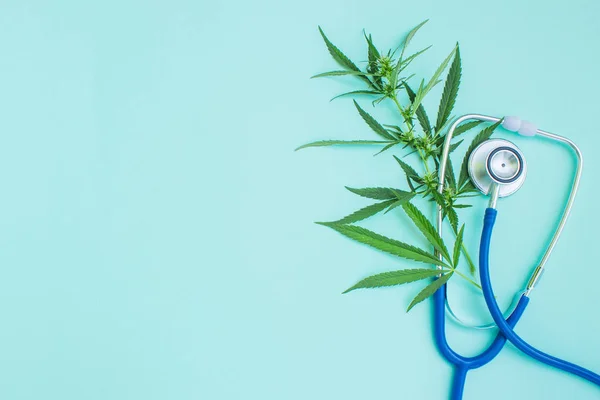Medical Marijuana Stethoscope Green Leaves Cannabis Empty Space Text — Stock Photo, Image