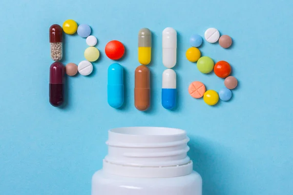 Medicina Farmaceutica Assortita Pillole Compresse Capsule Parola Flacone — Foto Stock