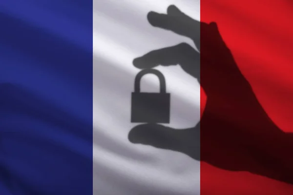 France closed lock in the hand. Import and export of goods from — Stock Photo, Image