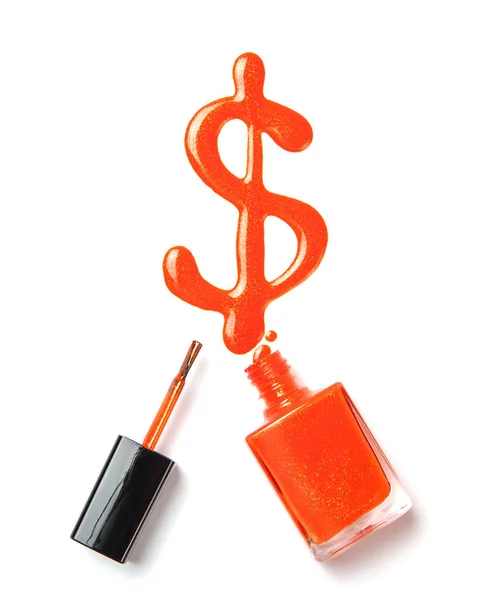 Smalto per unghie di colore arancione sotto forma di un segno di dollaro su un wh — Foto Stock