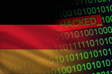 Almanya Devlet güvenlik kesmek. Finans ve bankacılık yapısı üzerinde Cyberattack. Gizli bilgileri çalmak. Bir bayrak ikili kod bir arka plan üzerinde.