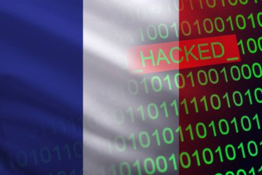 Fransa Devlet güvenlik kesmek. Finans ve bankacılık yapısı üzerinde Cyberattack. Gizli bilgileri çalmak. Bir bayrak ikili kod bir arka plan üzerinde.
