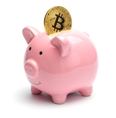 Pembe kumbara ve beyaz arka planda izole edilmiş altın bitcoin. Kripto Para Birikimleri