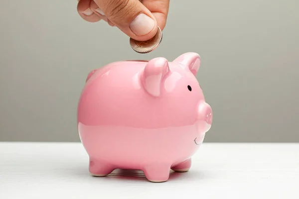 Piggy bank rosa e moeda em uma mão masculina em um fundo cinza — Fotografia de Stock