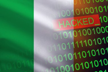İrlanda devlet güvenliğini hackledi. Finansal ve bankacılık yapısına siber saldırı. Gizli bilgi hırsızlığı. Bir bayrağın arka planında ikili kod.