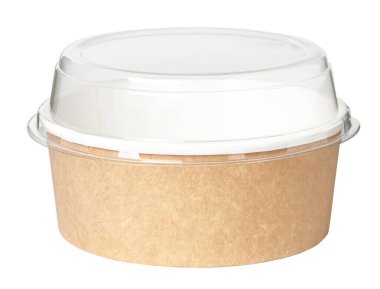 Yemek kutusu. Şeffaf plastik kapaklı yuvarlak karton kutu. Beyazda izole edilmiş.