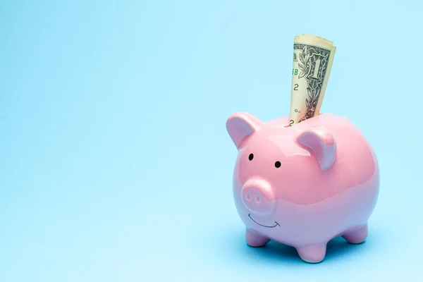 핑크 돼지 은행 과 달러 지폐가 파란색 배경에 있습니다. 원문을 위한 복사 공간. — 스톡 사진