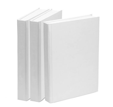 Üç kitap. Beyaz arka planda izole edilmiş beyaz sayfa boş şablonu. maketleme