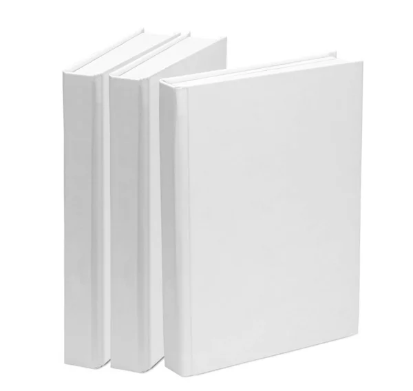 Drie boeken. Witte papieren boek blanco sjabloon geïsoleerd op witte achtergrond. model-up — Stockfoto