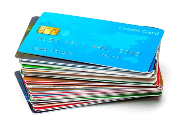 Montón de tarjetas de crédito aisladas sobre fondo blanco — Foto de Stock