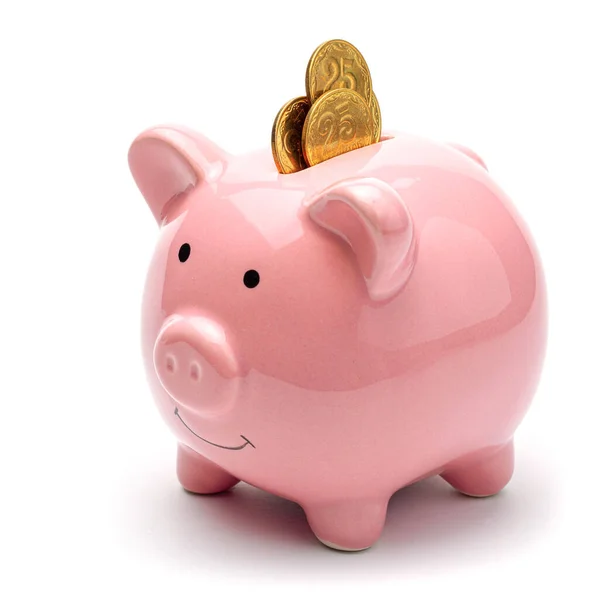 흰색 배경에는 금색 동전들이 가득 들어 있는 분홍색 돼지 은행 이 있다. 어디에 저축 할 것인지에 대한 개념 — 스톡 사진
